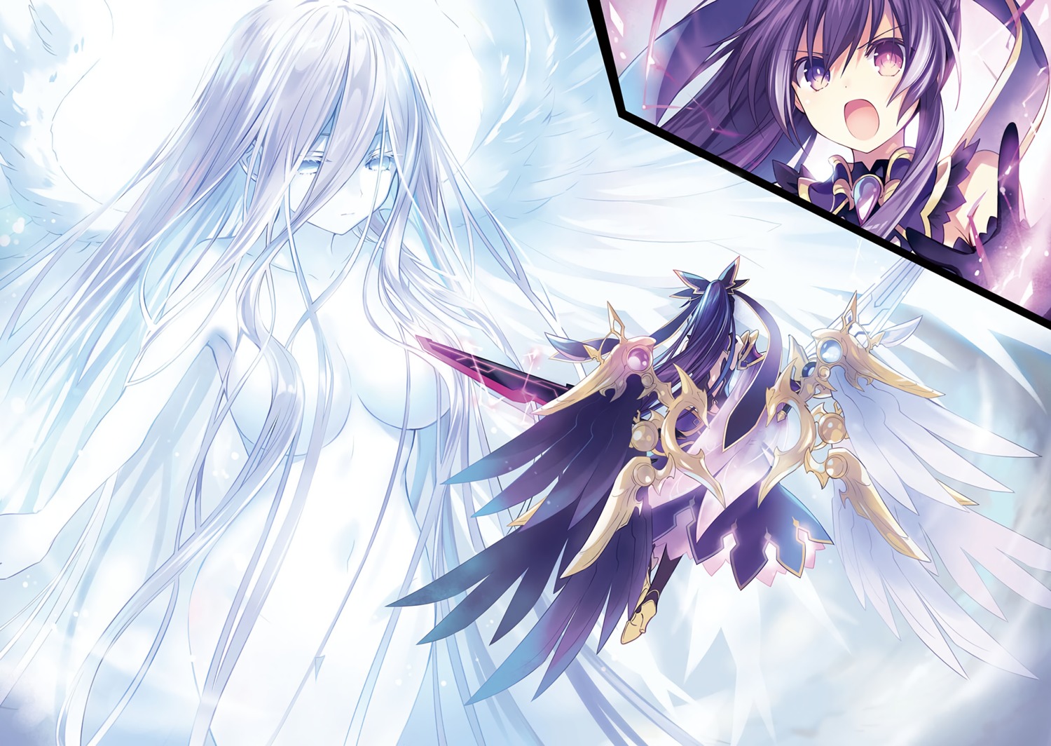 date_a_live detexted heels naked sword takamiya_mio tsunako wings yatogami_tenka yatogami_tooka