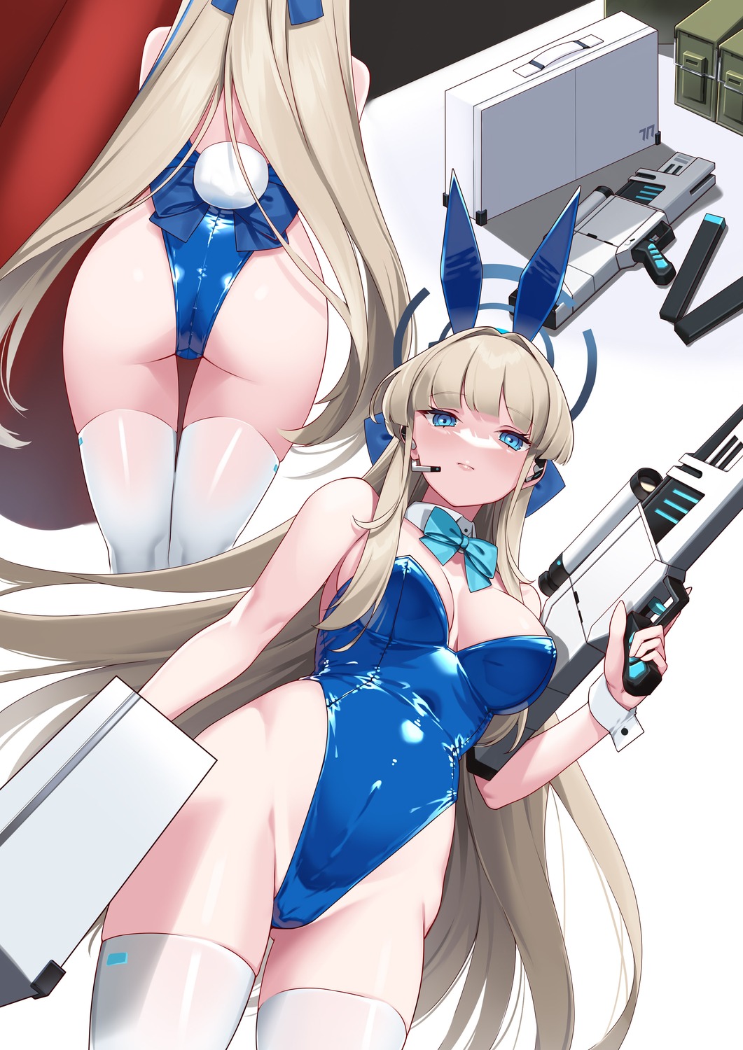 animal_ears ass asuma_toki blue_archive bunny_ears bunny_girl gun halo hiememiko no_bra tail thighhighs