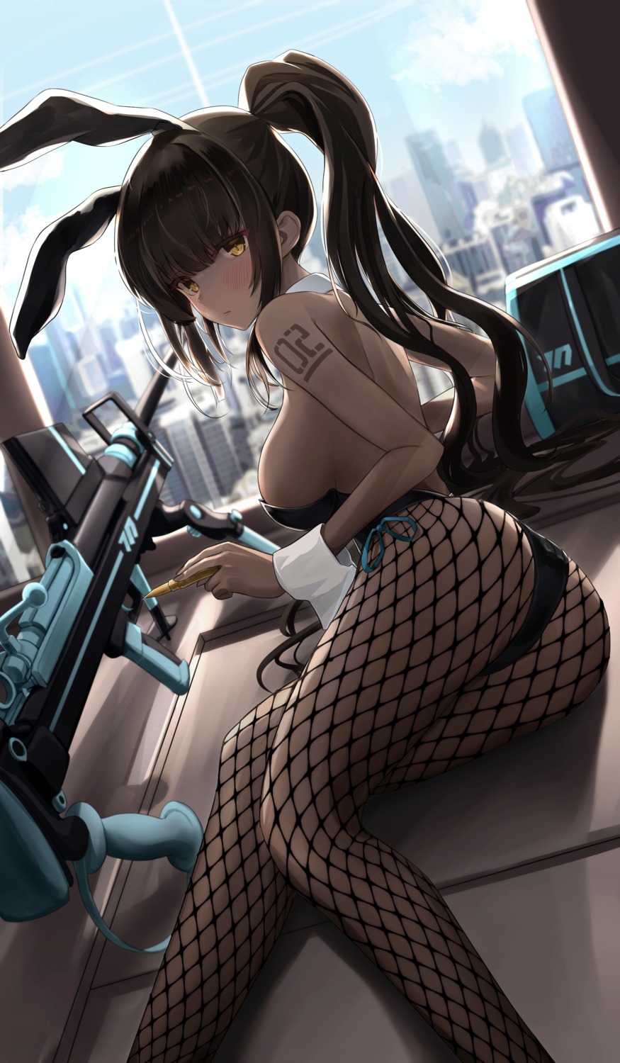 animal_ears ass blue_archive bunny_ears bunny_girl fishnets gun kakudate_karin no_bra pantyhose rodailuda tattoo