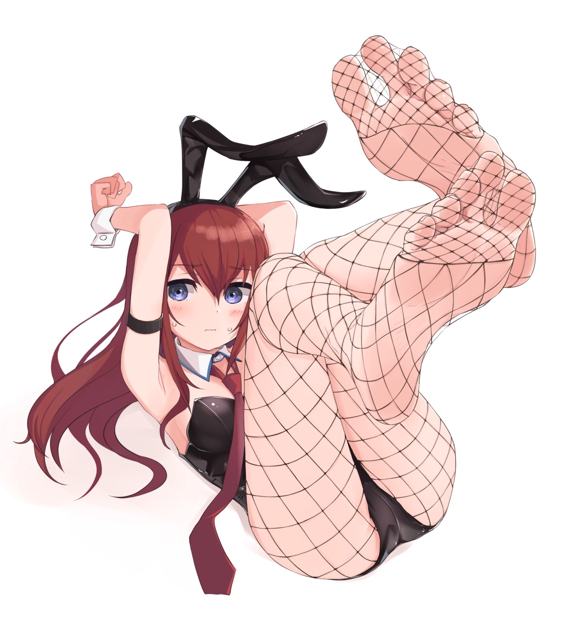 animal_ears bunny_ears bunny_girl feet fishnets kahlua_(artist) makise_kurisu no_bra pantyhose steins;gate