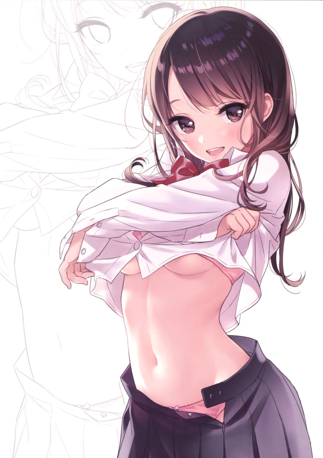 bra canvas line_art morikura_en pantsu seifuku shirt_lift underboob undressing