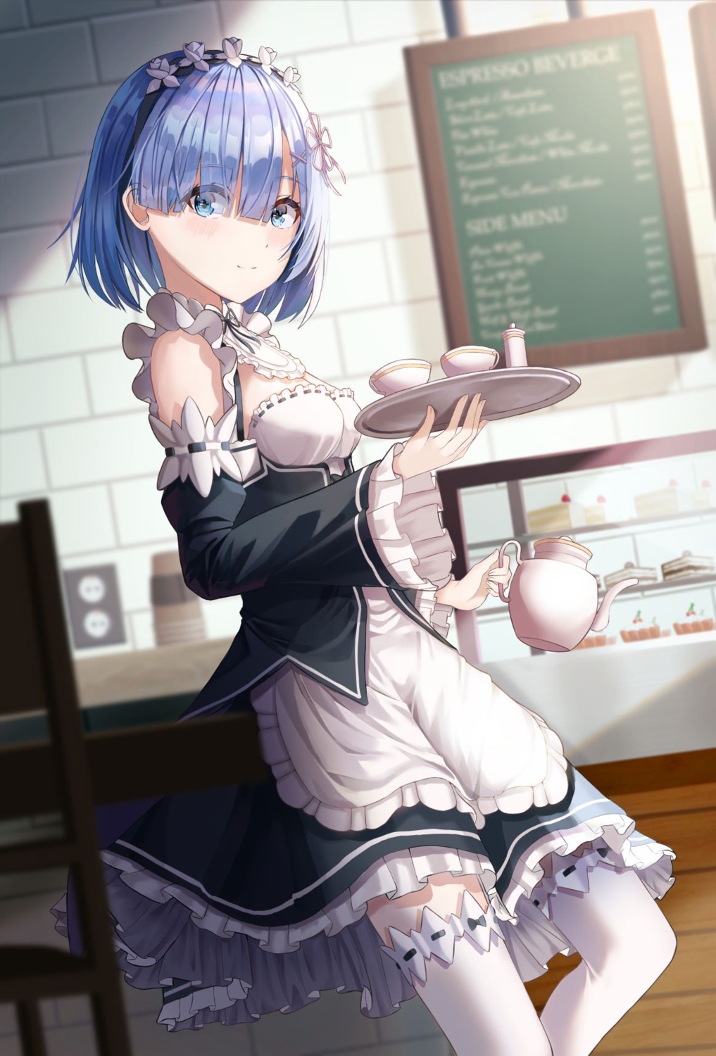 cleavage maid pal_lett re_zero_kara_hajimeru_isekai_seikatsu rem_(re_zero) skirt_lift thighhighs