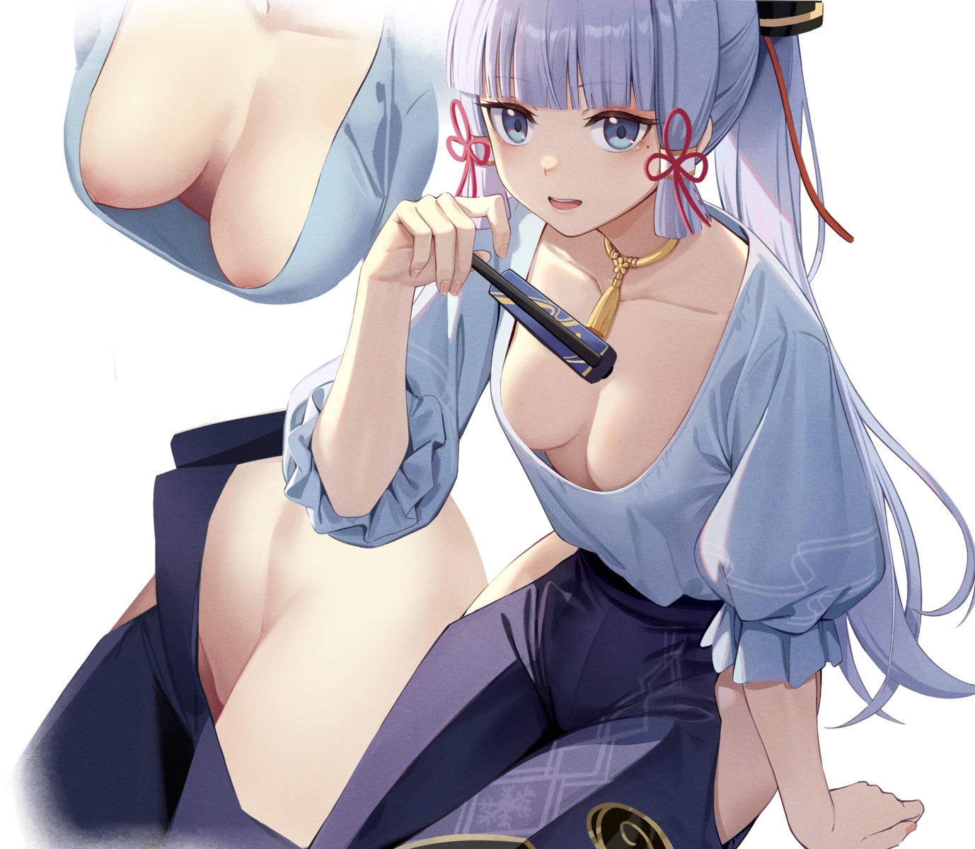 cleavage genshin_impact japanese_clothes jpeg_artifacts kamisato_ayaka nipple_slip no_bra nopan shoutai