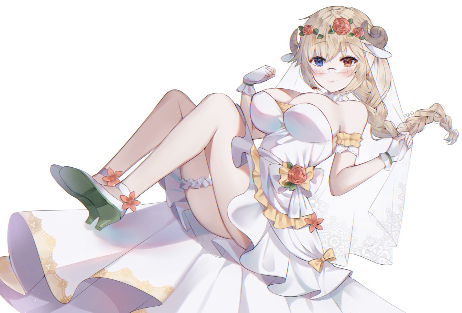 animal_ears arpiel cleavage dress garter heels heterochromia horns megane no_bra poho skirt_lift wedding_dress