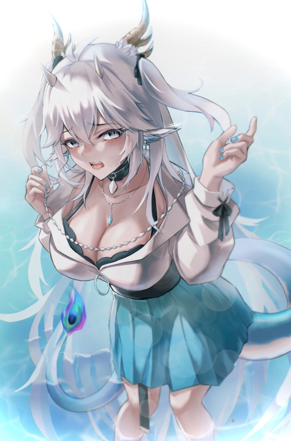 bra cleavage horns open_shirt pointy_ears seifuku tail veibae vshojo wet yyfuu