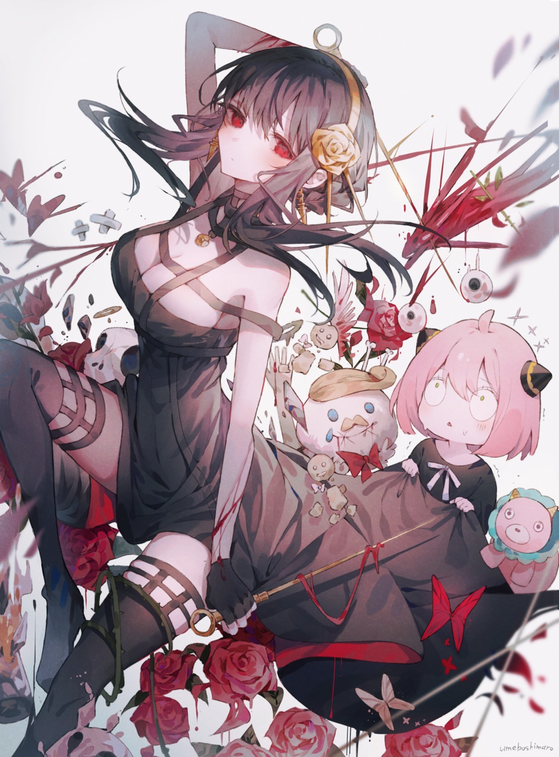 anya_forger blood dress no_bra spy_x_family thighhighs umemaro weapon yor_briar