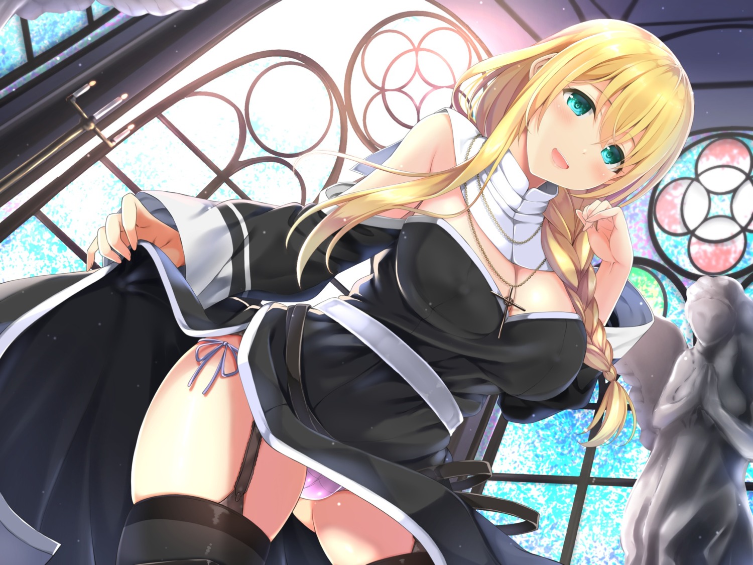 cameltoe cleavage kinakomochi_(egoist) nun pantsu skirt_lift stockings string_panties thighhighs