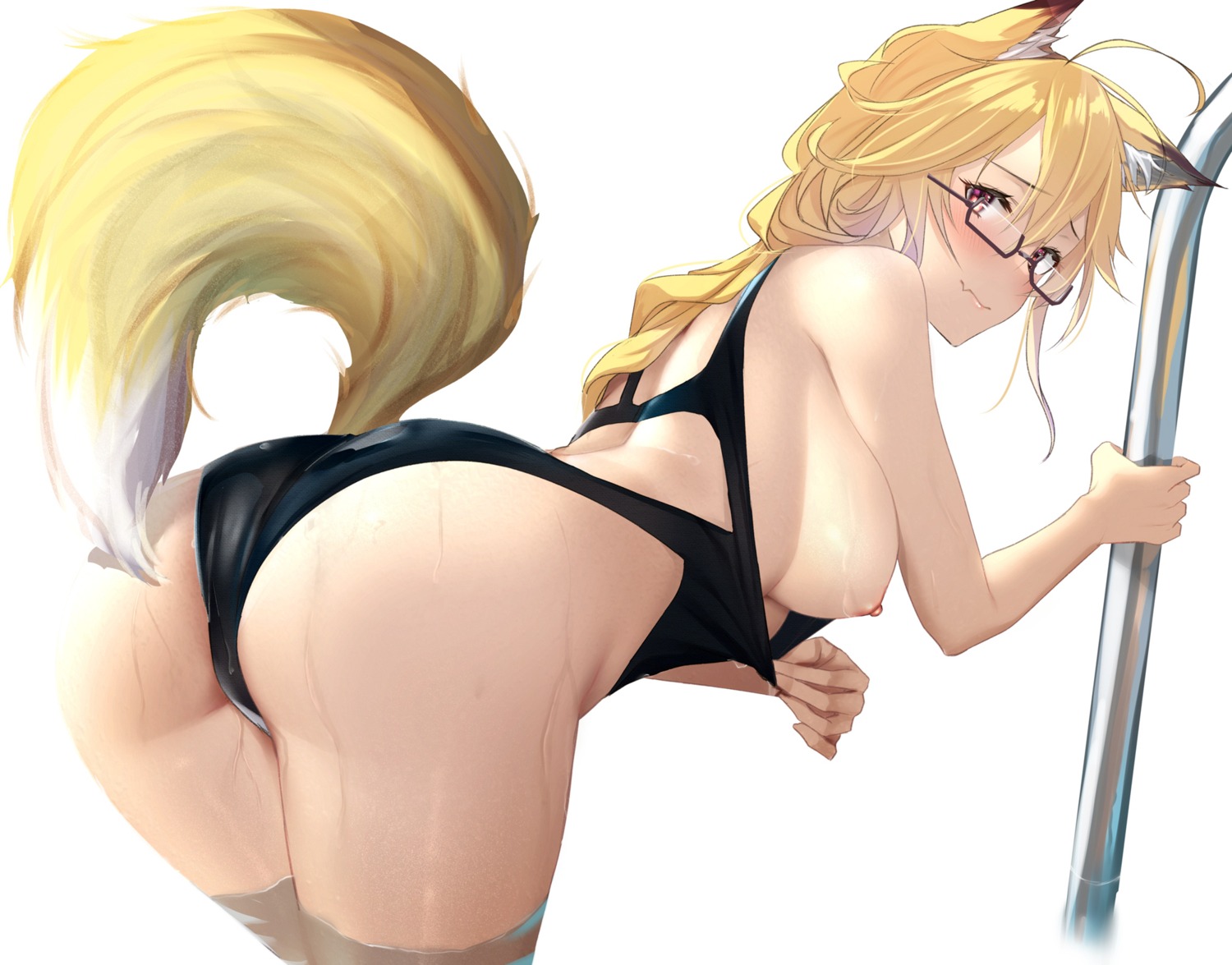 animal_ears ass breasts kitsune megane nipples pallad swimsuits tail undressing wet