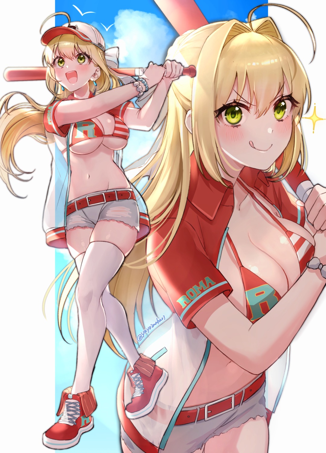 baseball bikini_top fate/extra fate/stay_night open_shirt saber_extra see_through swimsuits thighhighs torn_clothes yayoi_maka