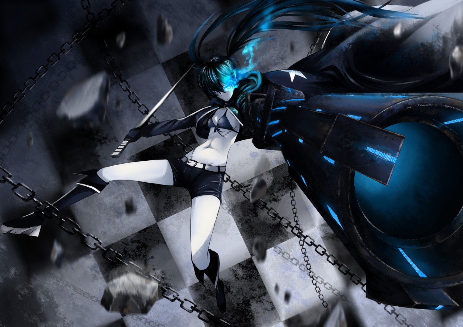 bikini_top black_rock_shooter black_rock_shooter_(character) cleavage gun open_shirt sg_fremontbar swimsuits sword