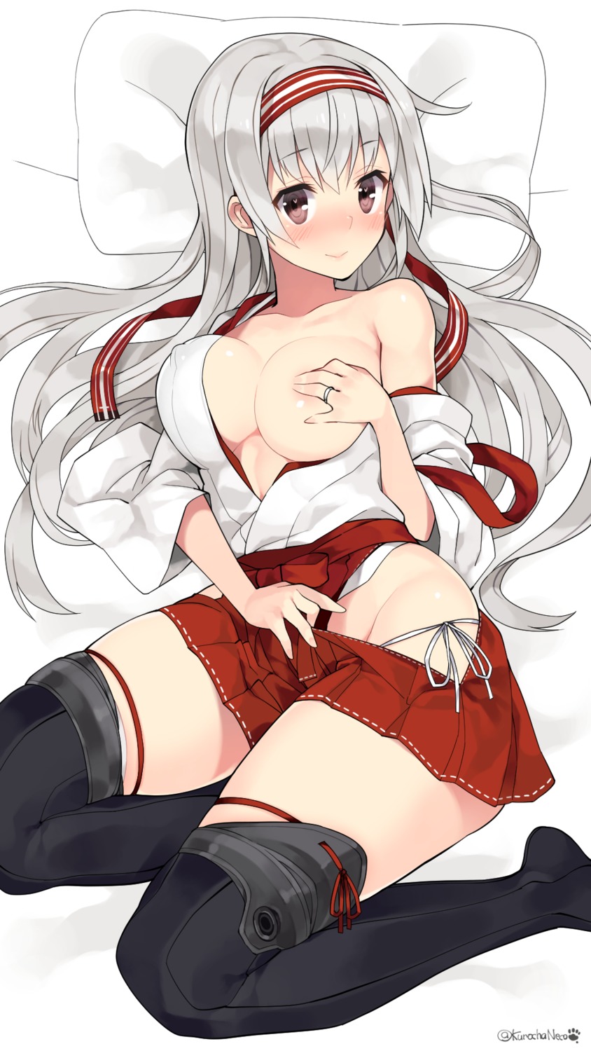 areola breast_hold breasts erect_nipples kantai_collection kuro_chairo_no_neko no_bra open_shirt pantsu shoukaku_(kancolle) string_panties thighhighs