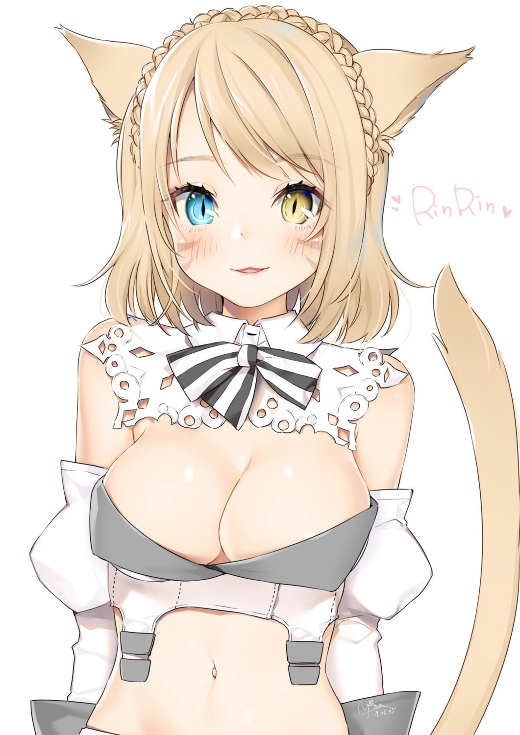 animal_ears final_fantasy final_fantasy_xiv heterochromia miqo'te no_bra tail yana_mori