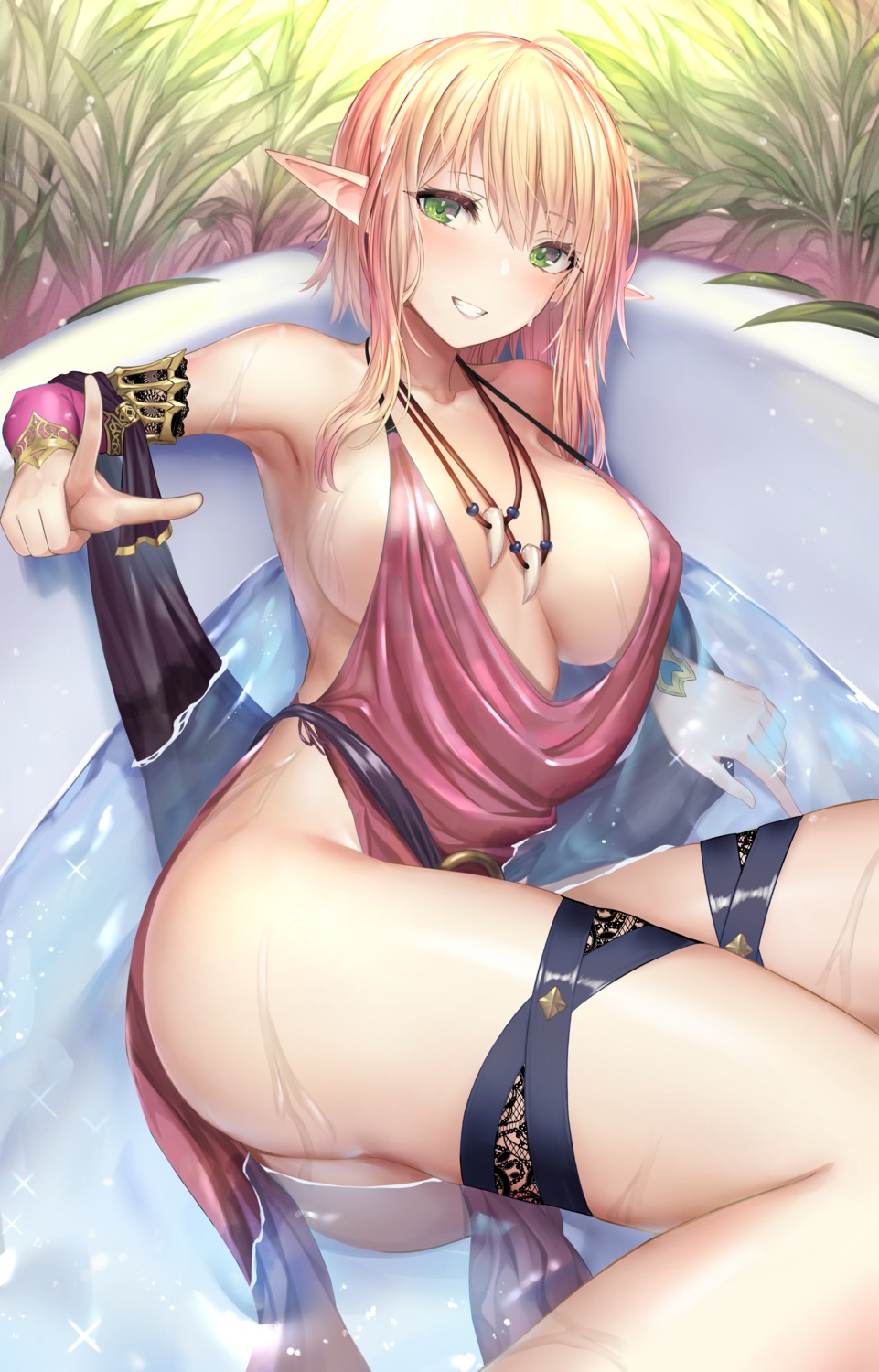 ass bathing dress elf garter mizuya_nao no_bra nopan pointy_ears skirt_lift wet