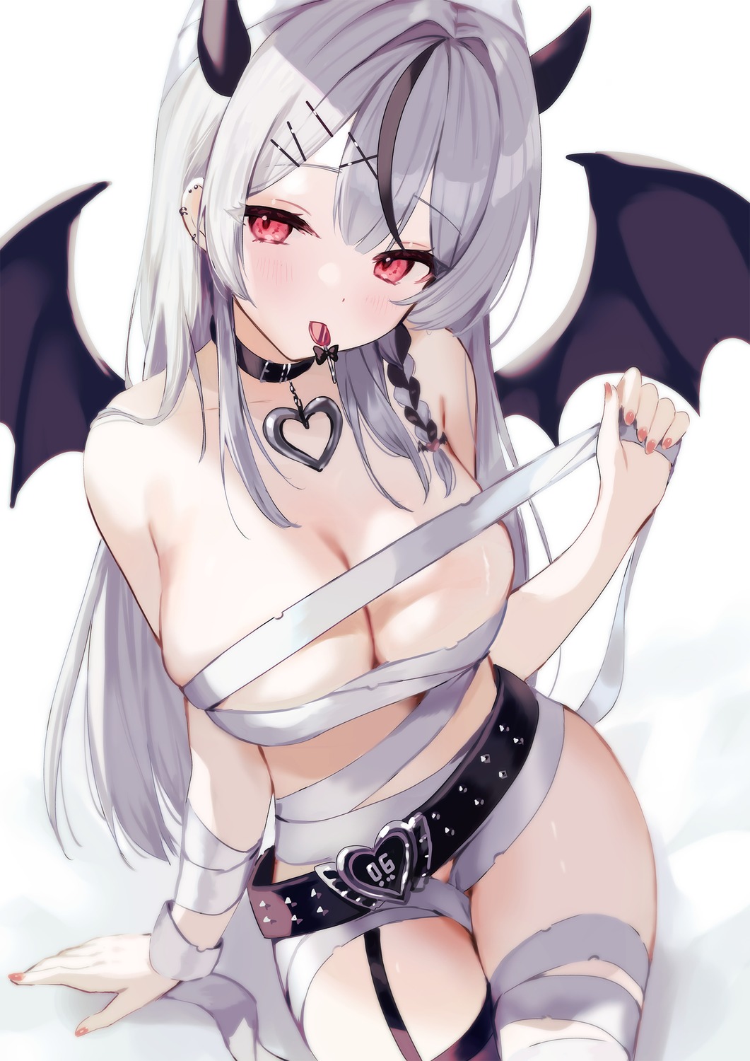 bandages devil hololive horns machikaze_fuuna naked_ribbon sakamata_chloe stockings thighhighs wings