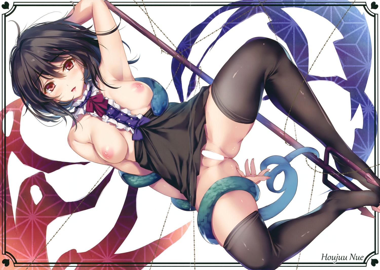 breasts censored crease houjuu_nue monety nipples no_bra nopan pubic_hair pussy skirt_lift thighhighs touhou weapon wings