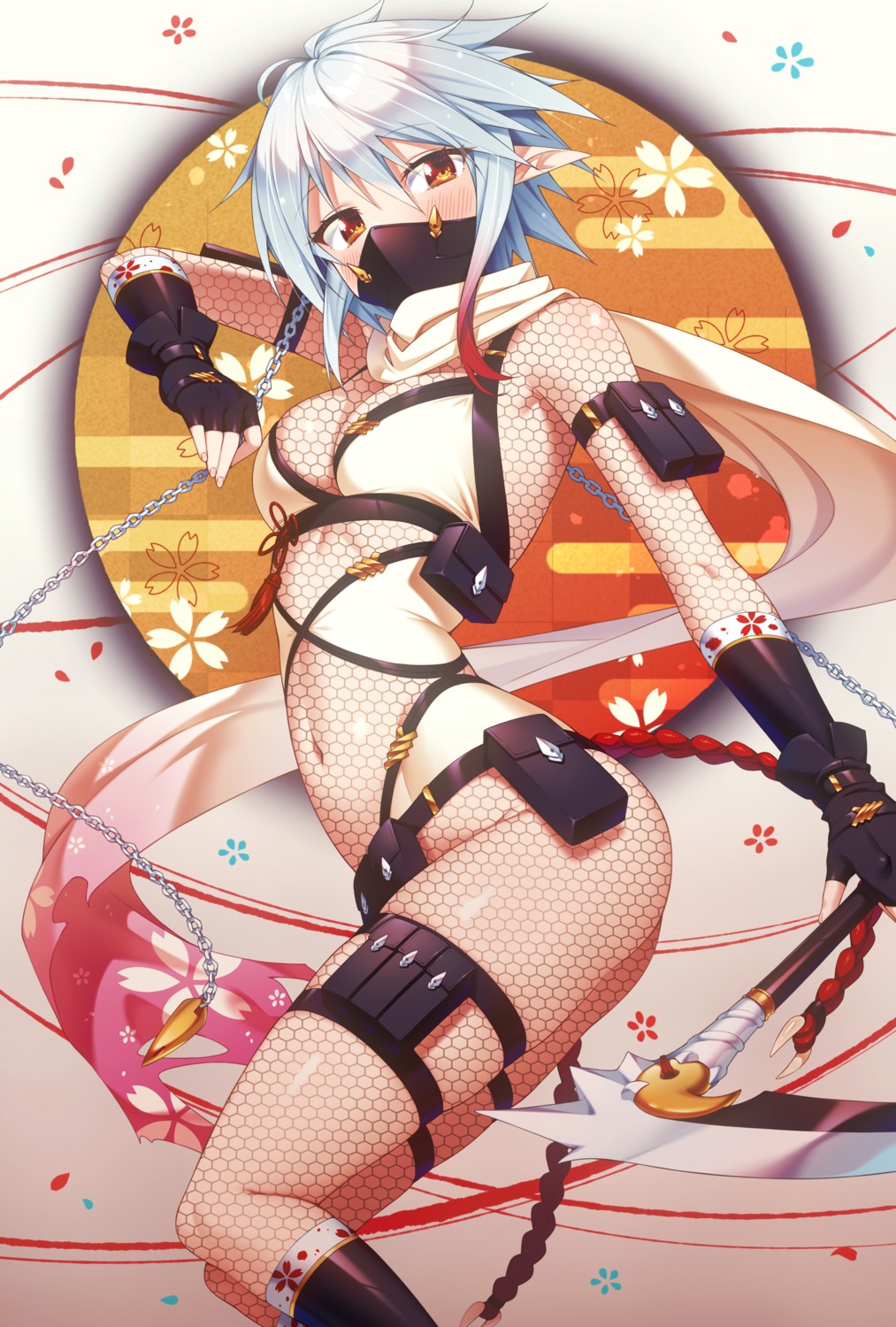 bodysuit fishnets garter kazuma_(kazumav) ninja pointy_ears weapon