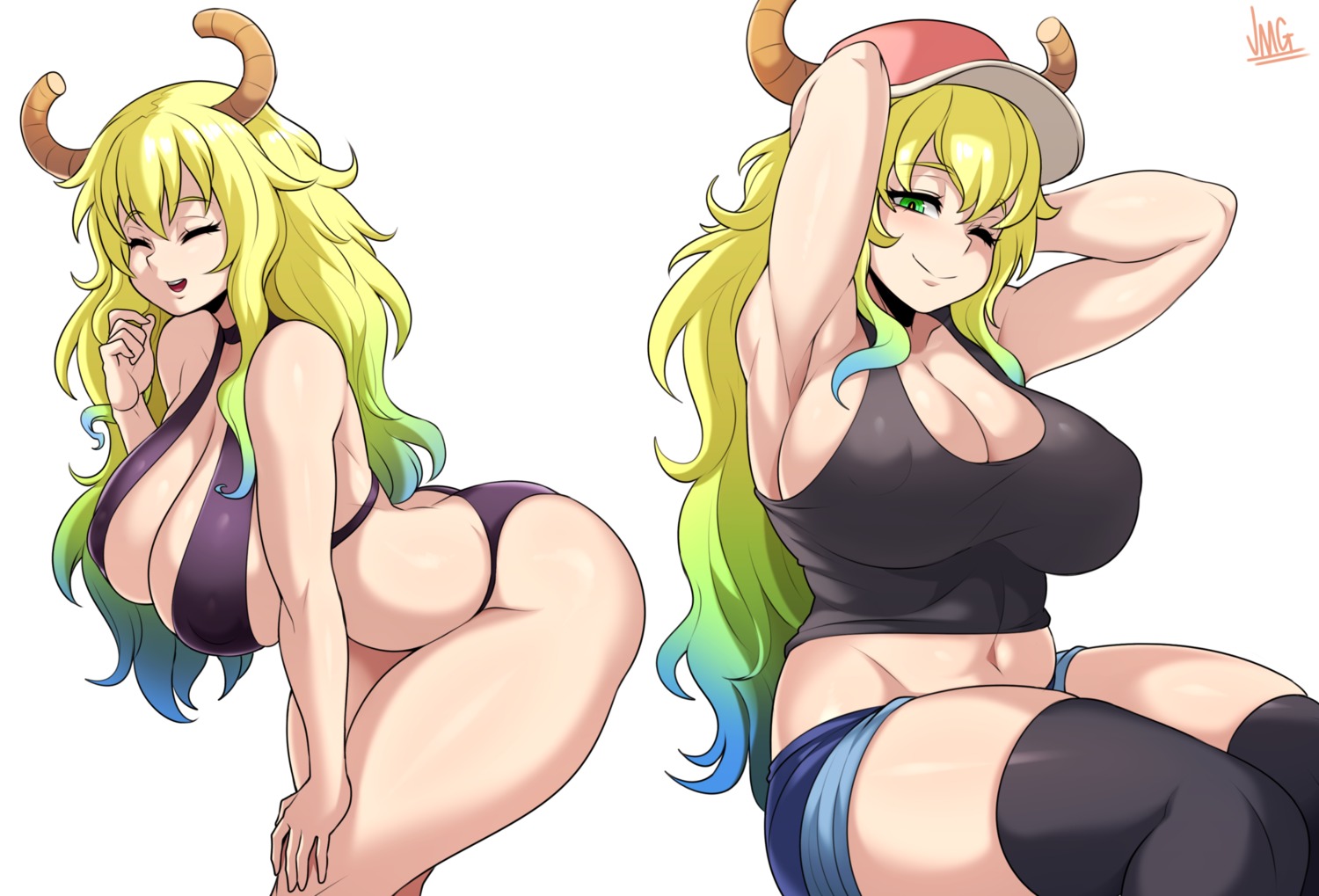 bikini erect_nipples horns jmg kobayashi-san_chi_no_maidragon no_bra quetzalcoatl_(maidragon) swimsuits thighhighs