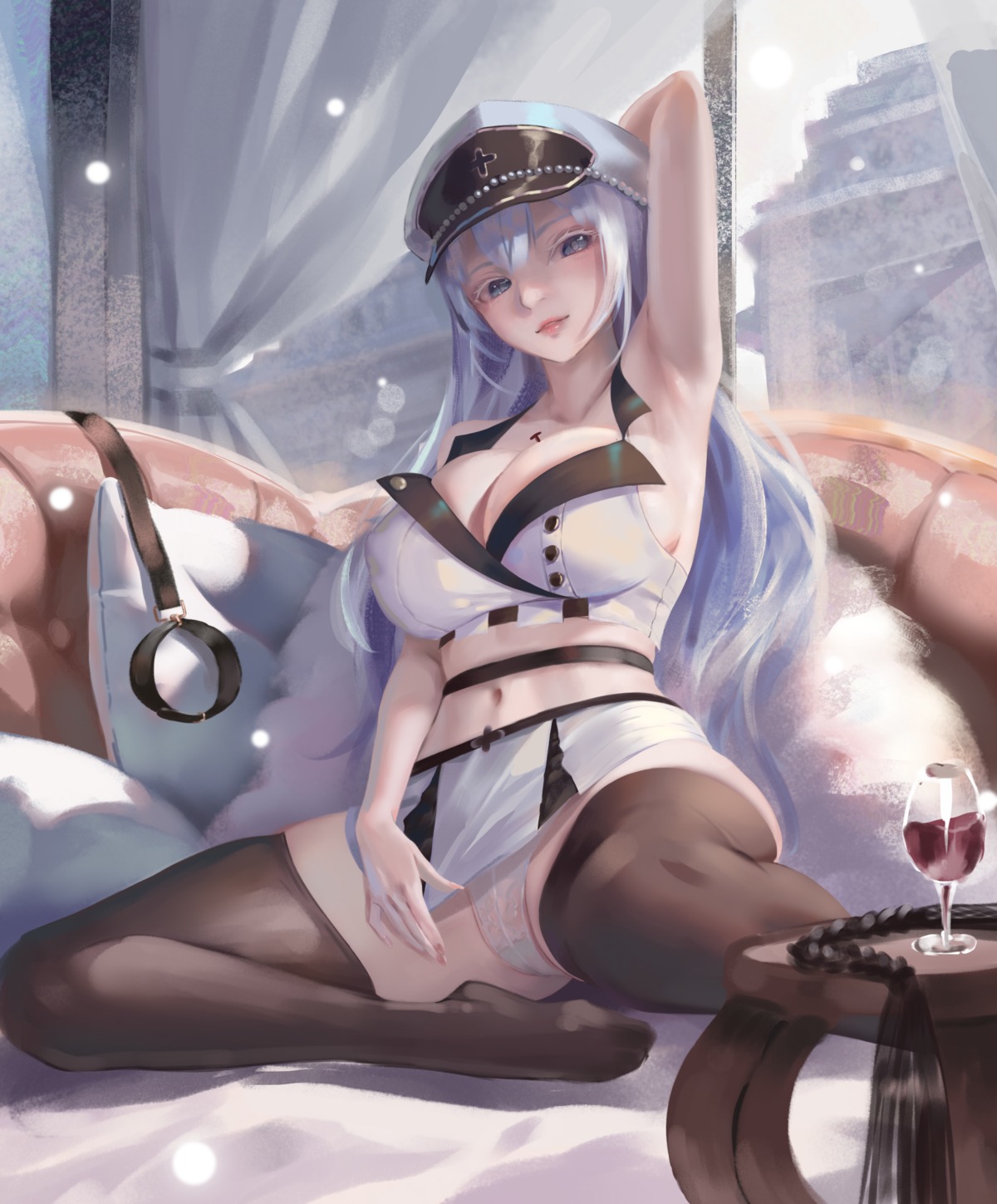 akame_ga_kill! esdeath nekobell no_bra pantsu skirt_lift tattoo thighhighs uniform