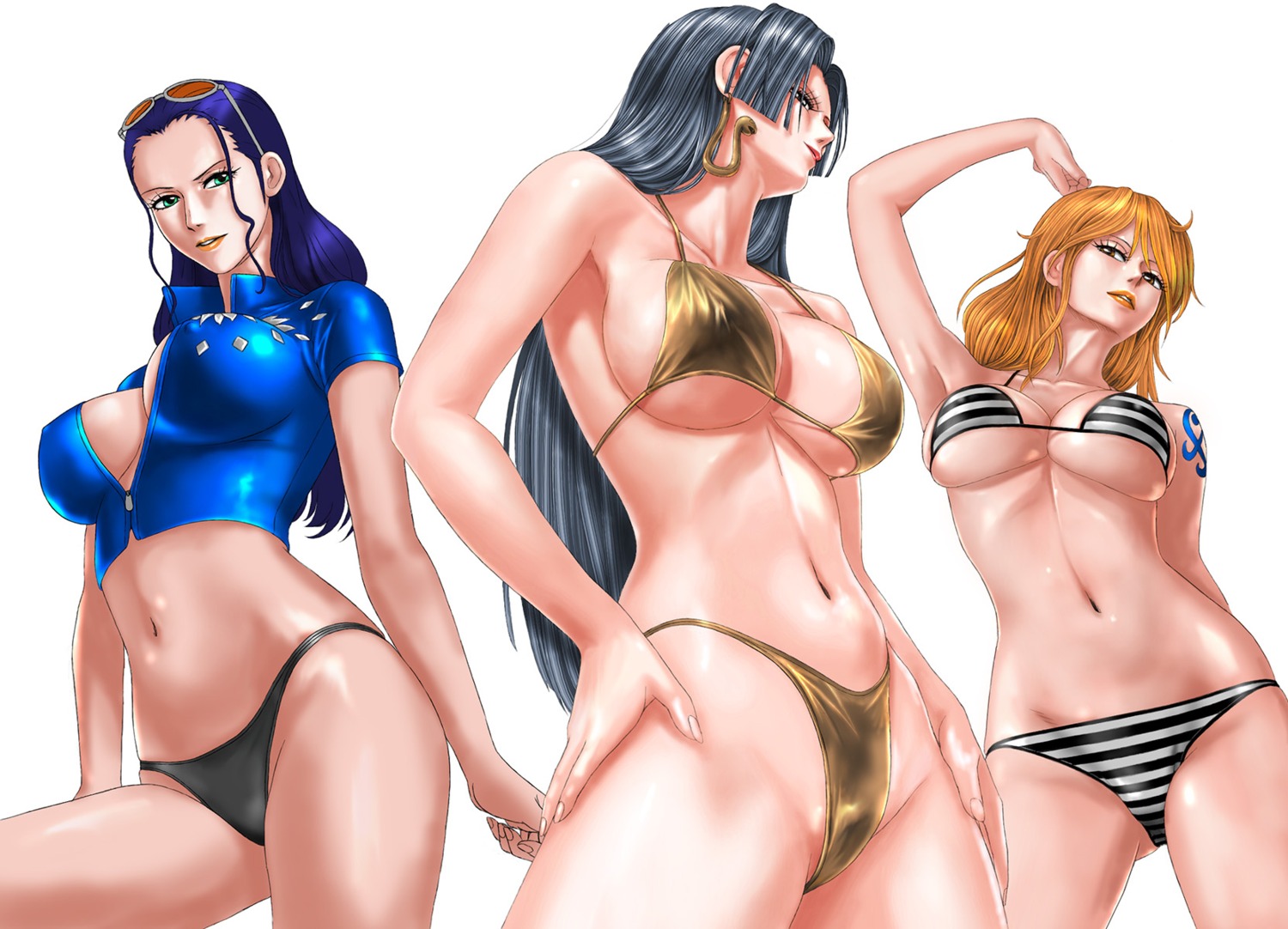 bikini boa_hancock cleavage erect_nipples megane nami nico_robin no_bra one_piece open_shirt pantsu swimsuits tattoo toten underboob