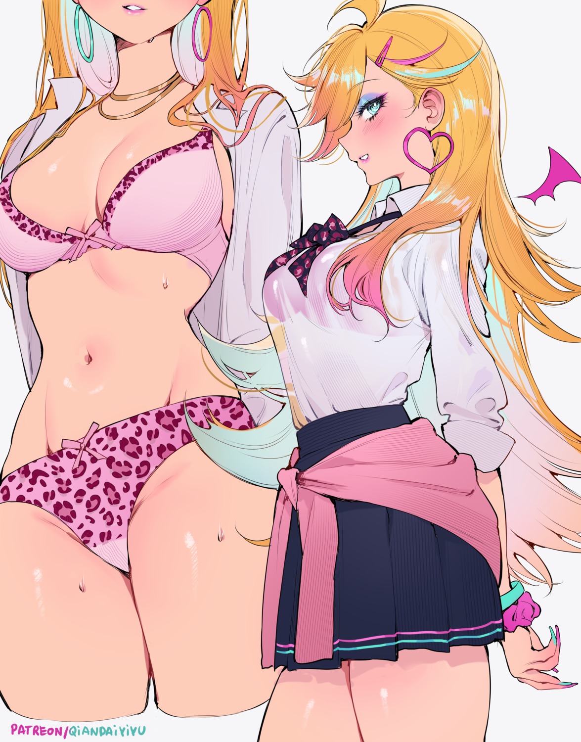 bra open_shirt pantsu panty panty_&_stocking_with_garterbelt qiandaiyiyu see_through seifuku sweater wet wet_clothes wings