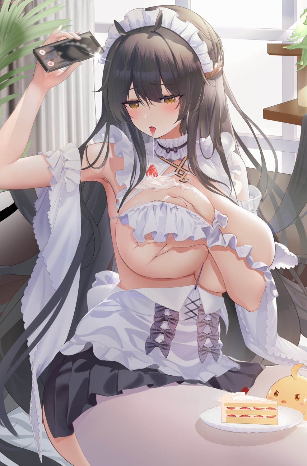 azur_lane breast_grab cream gu_lan indomitable_(azur_lane) maid manjuu_(azur_lane) no_bra pantyhose skirt_lift