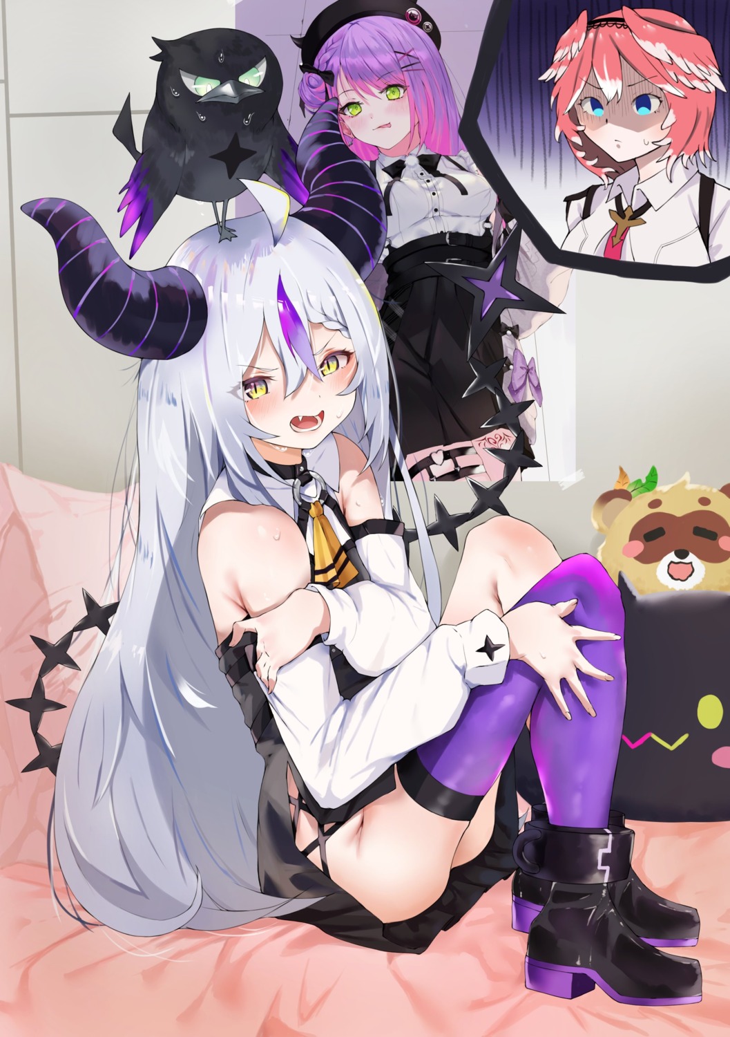 crow_(la+_darknesss) devil f_mackerel hololive horns la+_darknesss loli nopan skirt_lift tail takane_lui thighhighs tokoyami_towa uniform wings