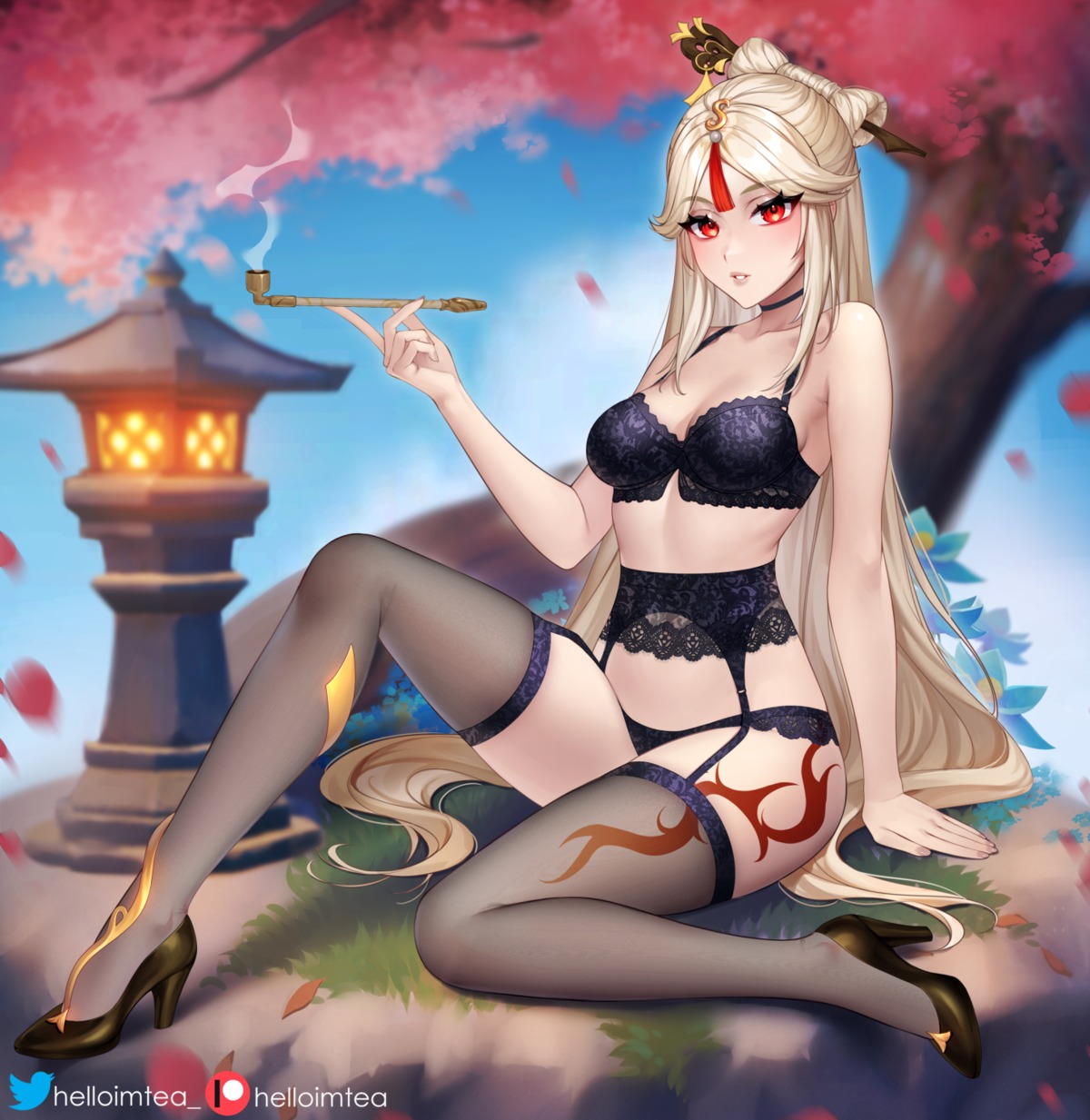 bra cleavage garter_belt genshin_impact heels helloimtea ningguang pantsu stockings tattoo thighhighs