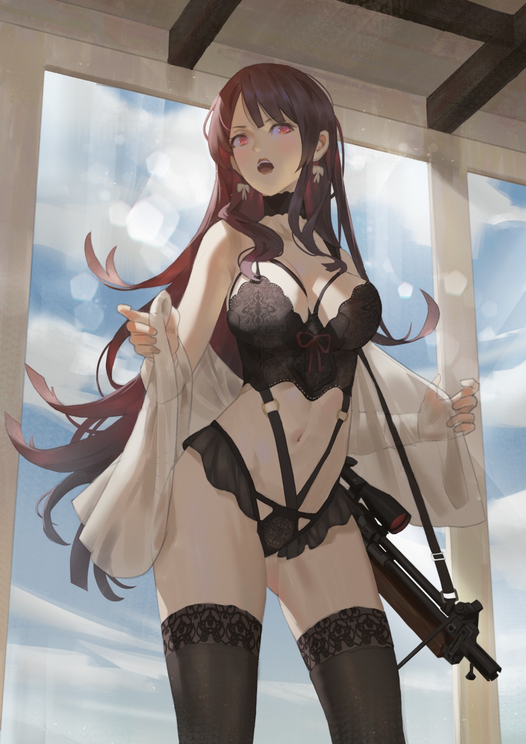 bra cirilla cleavage girls_frontline gun lingerie open_shirt see_through thighhighs undressing wa2000_(girls_frontline)