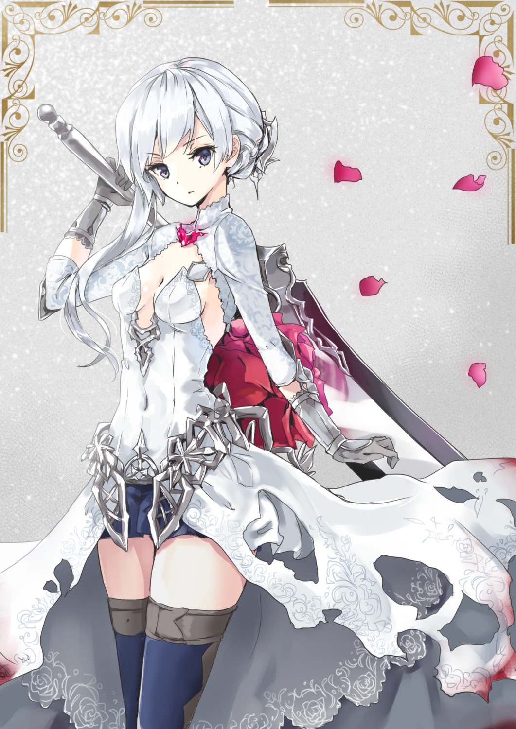 cleavage dress no_bra shironeko_yuuki sinoalice snow_white_(sinoalice) sword thighhighs torn_clothes