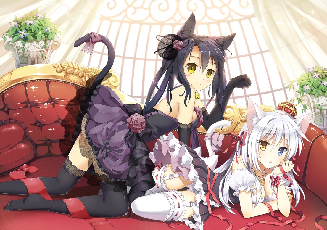 aina_rive animal_ears breast_hold dress heterochromia kutata lolita_fashion mauve nekomimi no_bra pantsu ruci_tanya skirt_lift stockings tail thighhighs