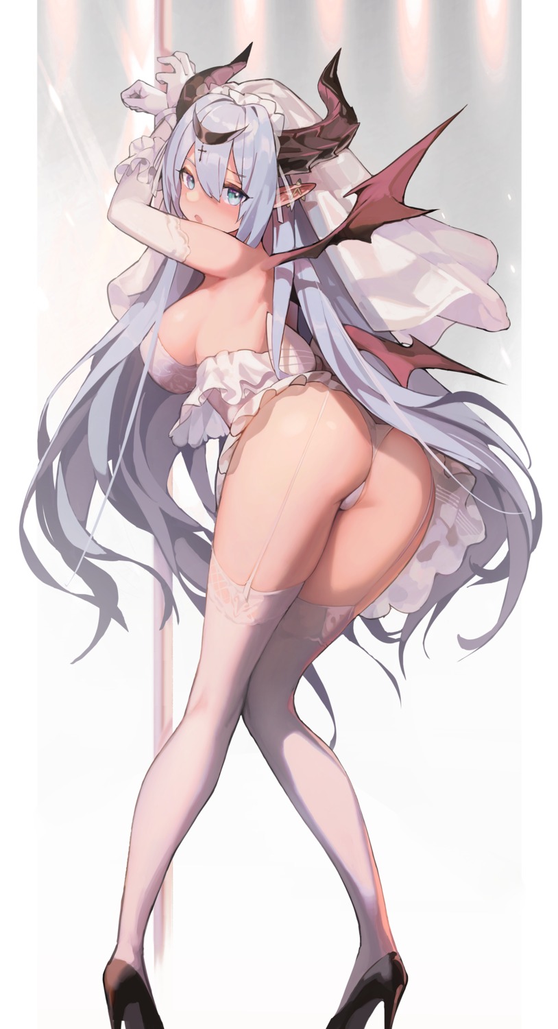 ass bondage dress heels horns ludaf no_bra pantsu pointy_ears skirt_lift stockings thighhighs thong wedding_dress wings