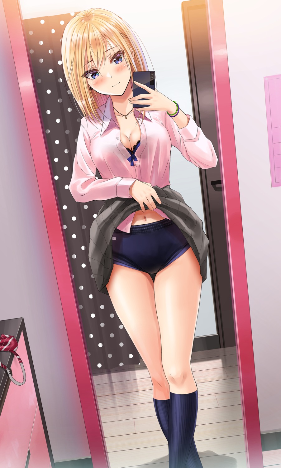 bra buruma open_shirt see_through seifuku selfie skirt_lift yukemuriganmo