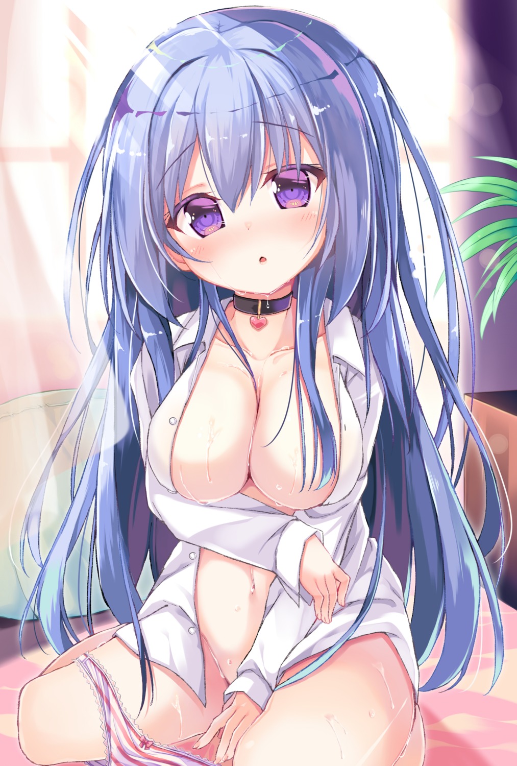 breast_hold dress_shirt emori_miku emori_miku_project neko_pan no_bra open_shirt pantsu panty_pull shimapan wet