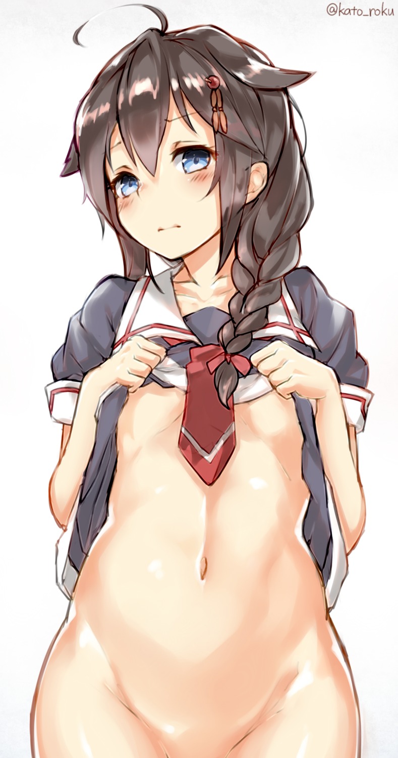 bottomless kantai_collection kato_roku no_bra seifuku shigure_(kancolle) shirt_lift underboob