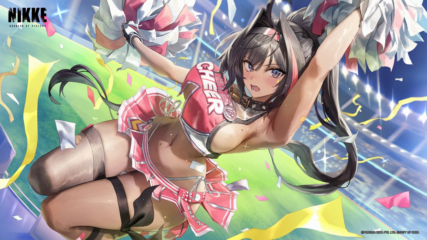 bandaid bay cheerleader garter gesoking nikke_the_goddess_of_victory no_bra pantsu see_through skirt_lift string_panties tattoo thighhighs thong torn_clothes wet