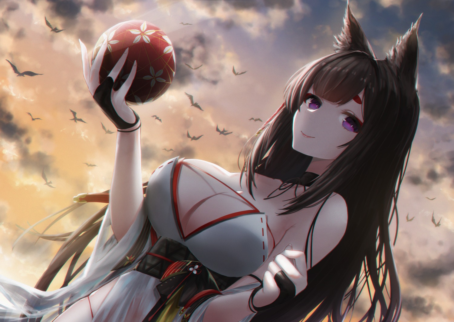 amagi_(azur_lane) animal_ears azur_lane hitsuji_(sheepsb22) japanese_clothes kitsune no_bra see_through