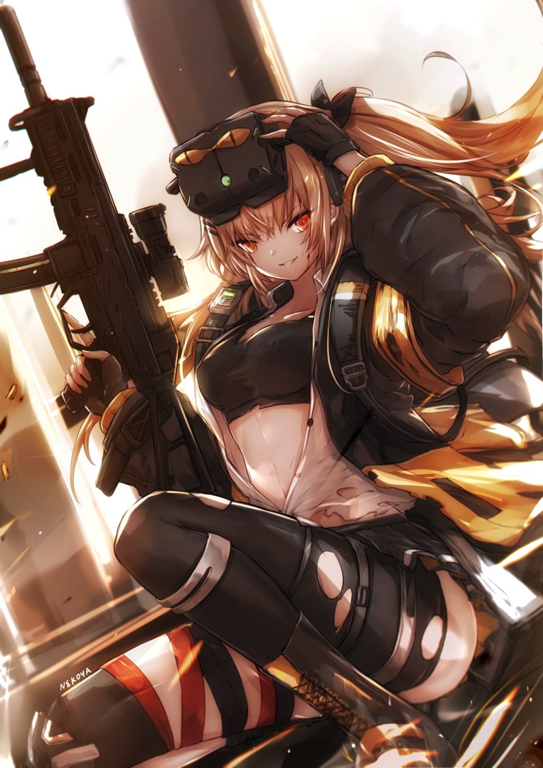 garter girls_frontline gun nekoya_(liu) open_shirt skirt_lift thighhighs torn_clothes ump9_(girls_frontline)