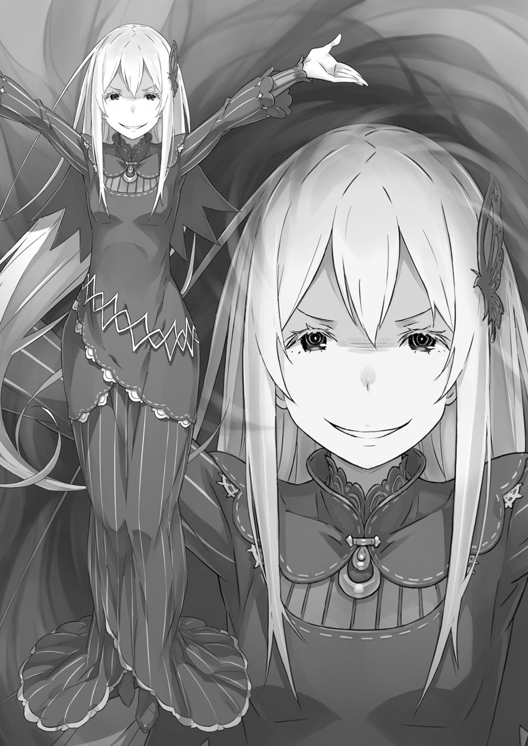 dress echidna_(re_zero) monochrome ootsuka_shinichirou re_zero_kara_hajimeru_isekai_seikatsu