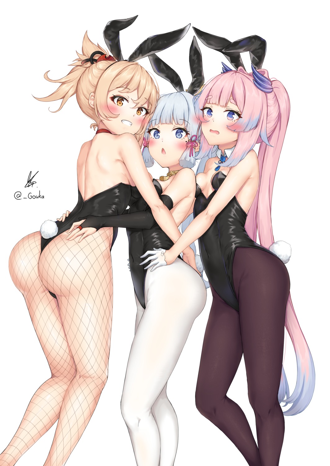 animal_ears ass bunny_ears bunny_girl fishnets genshin_impact gouka kamisato_ayaka no_bra pantyhose sangonomiya_kokomi symmetrical_docking tail yoimiya