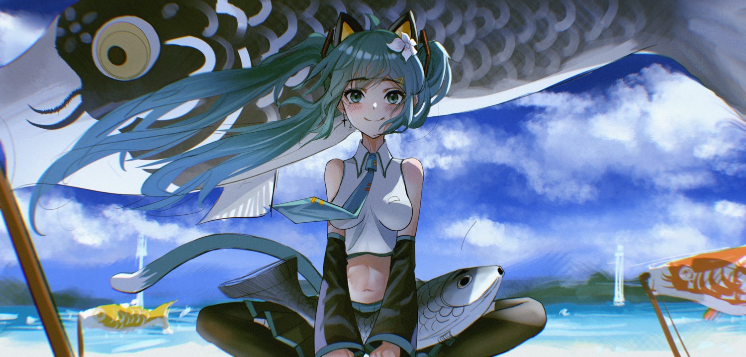 animal_ears di_qi_gang_guang hatsune_miku nekomimi skirt_lift tail thighhighs vocaloid