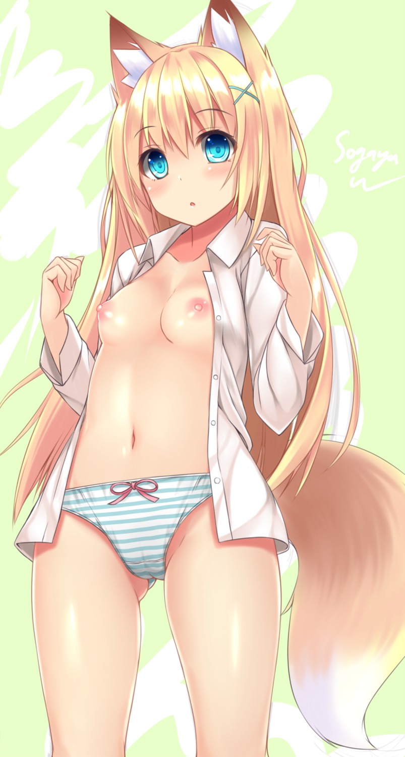 animal_ears breasts cameltoe dress_shirt kitsune nipples no_bra open_shirt pantsu shimapan sogaya tail