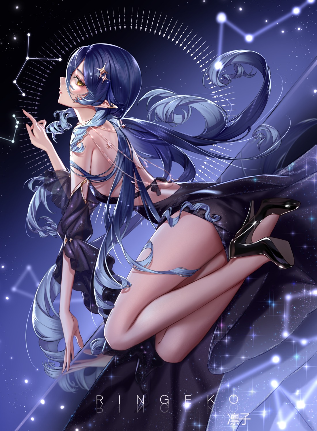 dress genshin_impact heels layla_(genshin_impact) no_bra pointy_ears ringeko-chan