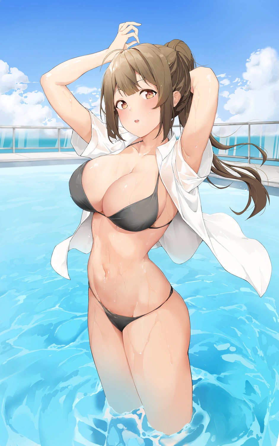 bikini dress_shirt kiro_(kirotayu) kuwayama_chiyuki open_shirt see_through swimsuits the_idolm@ster the_idolm@ster_shiny_colors wet wet_clothes