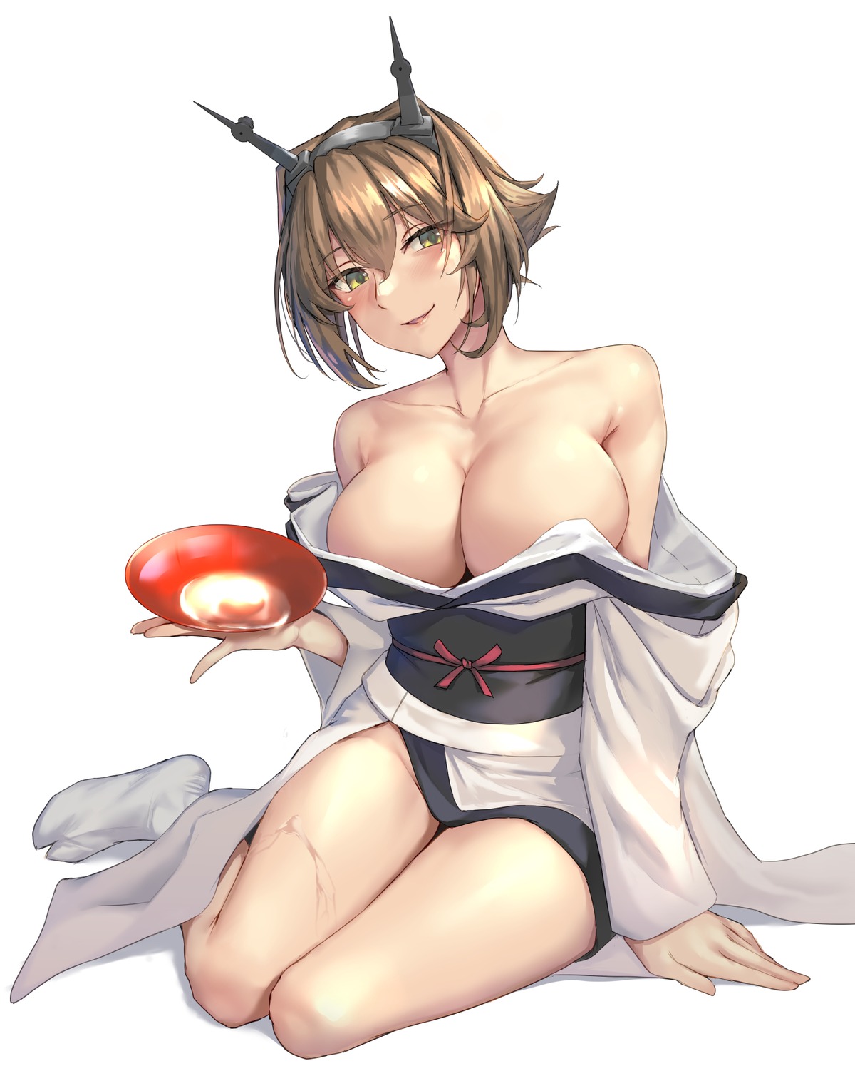 feet japanese_clothes kantai_collection kokuzou mutsu_(kancolle) no_bra open_shirt wet