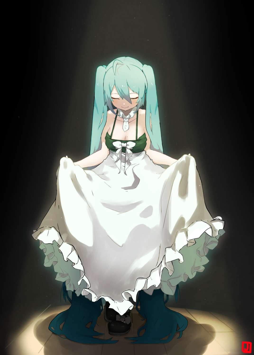 cleavage dress hatsune_miku johnny_(aaagmgm) no_bra skirt_lift vocaloid