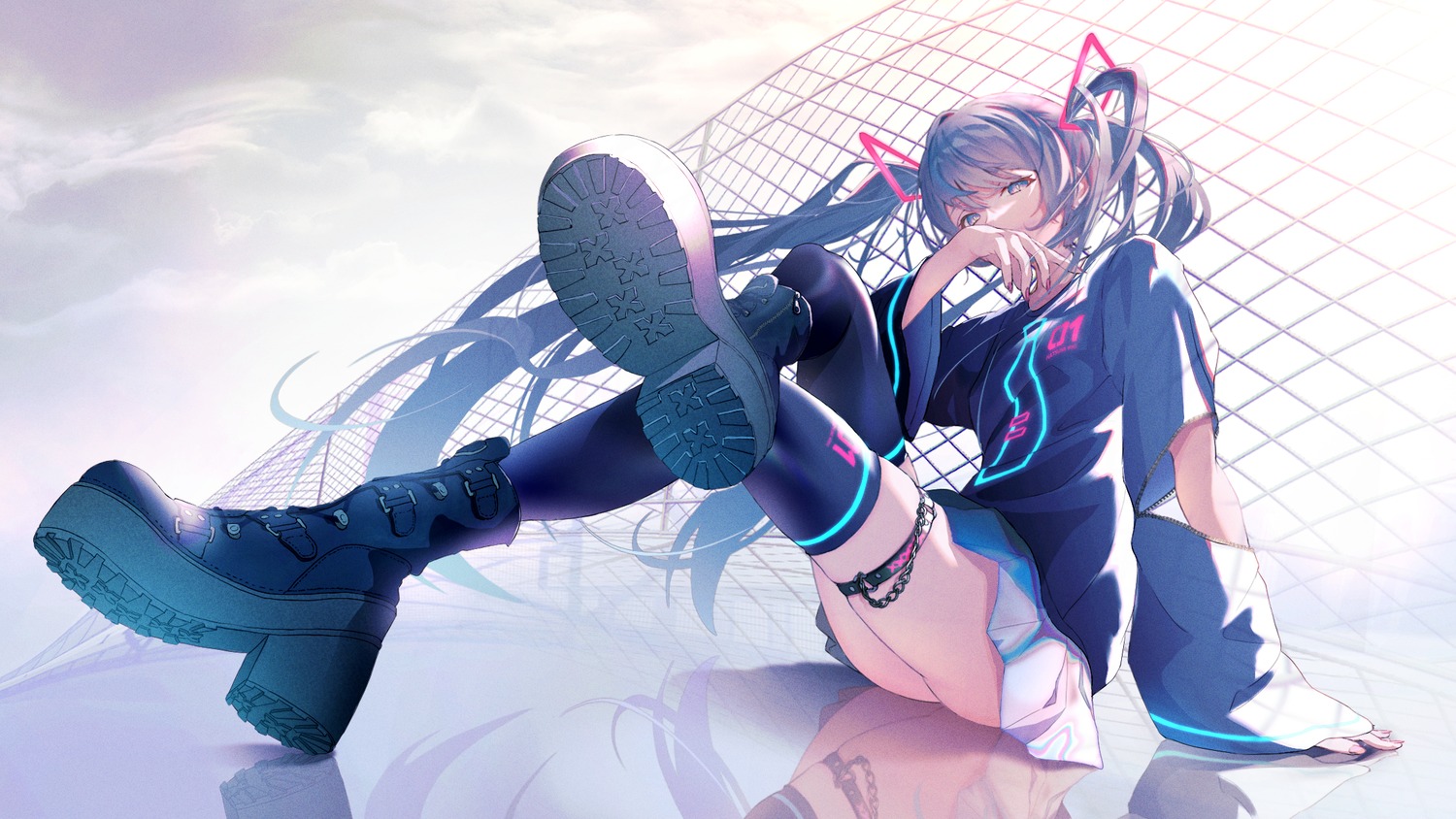 garter hatsune_miku kurohanesawa skirt_lift thighhighs vocaloid