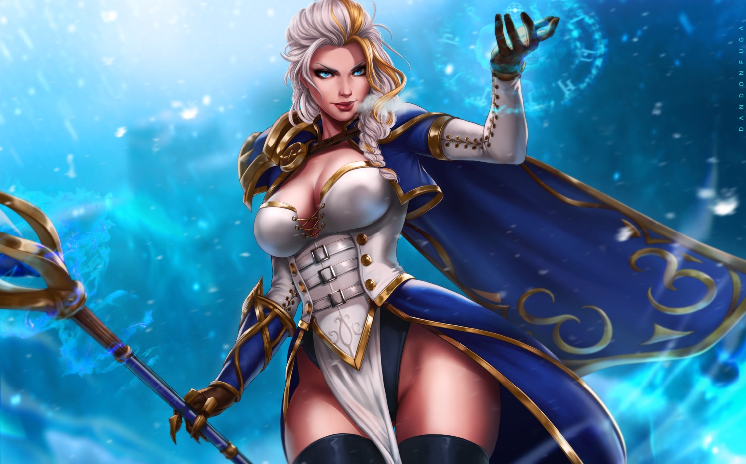 armor cleavage dandon_fuga dress jaina_proudmoore no_bra pantsu possible_duplicate see_through thighhighs weapon world_of_warcraft