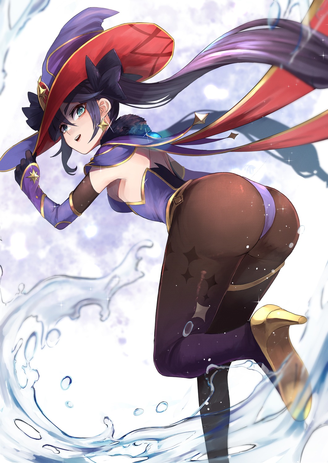 ass garter genshin_impact heels leotard mona_megistus nekotokage pantyhose witch