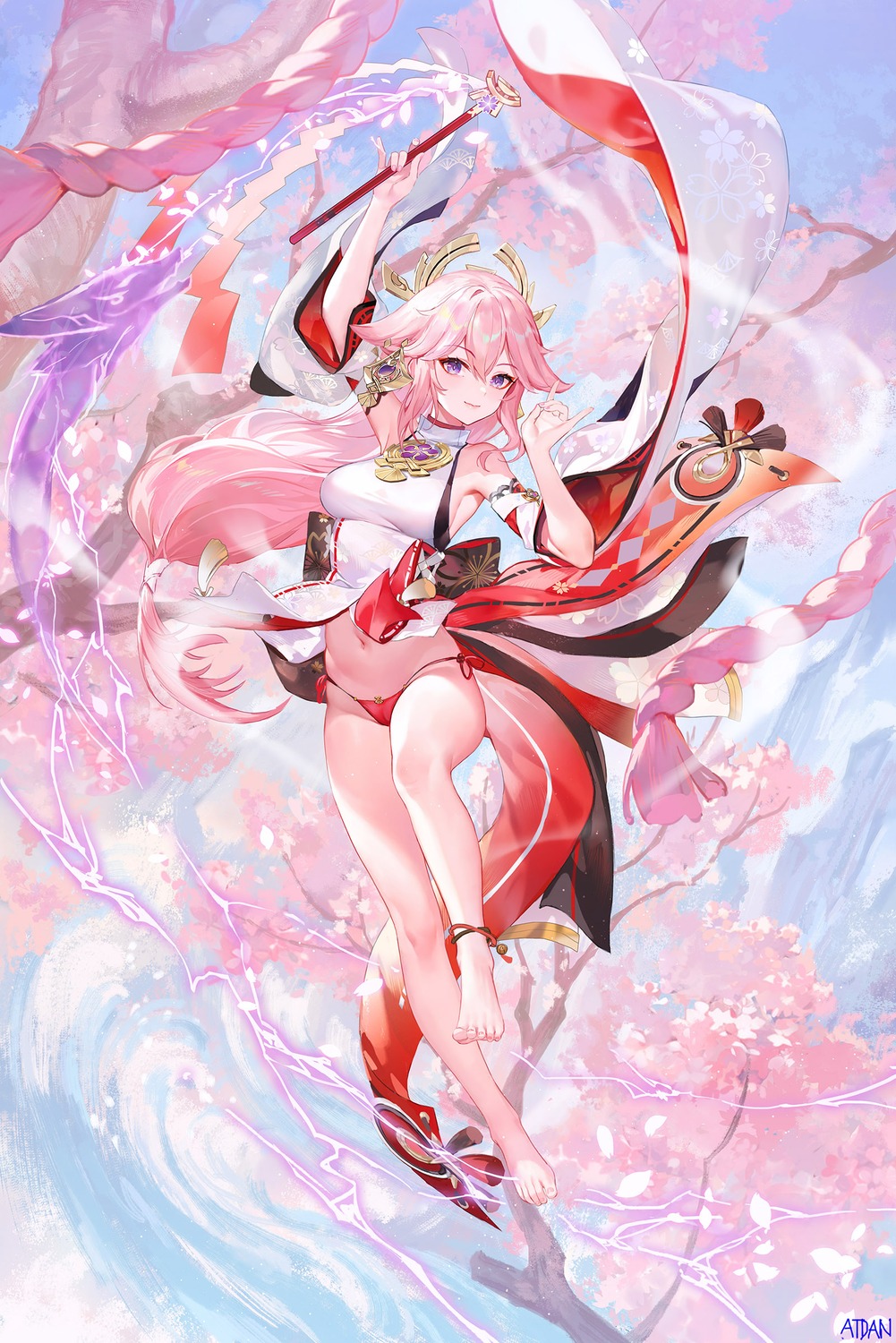 animal_ears atdan cameltoe feet genshin_impact japanese_clothes kitsune pantsu skirt_lift string_panties yae_miko