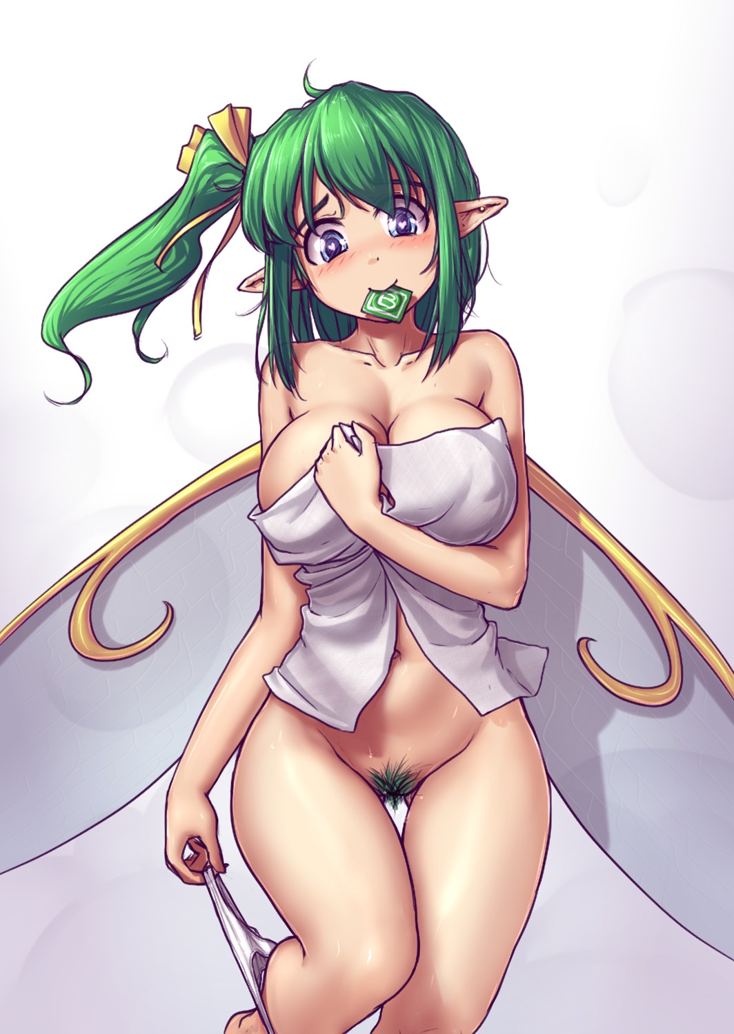 daiyousei hater_(artist) pantsu panty_pull pointy_ears pubic_hair touhou towel undressing wings